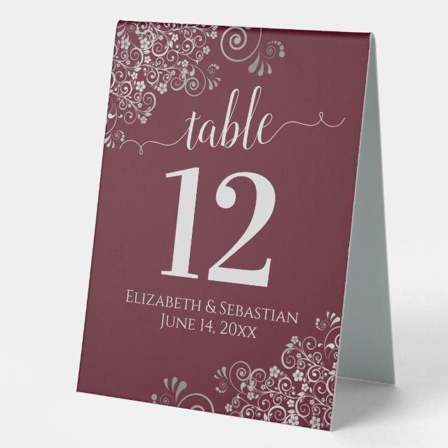 Silver Frills Burgundy Wedding Table Number Table Tent (Front)