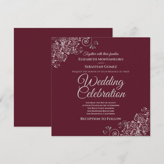 Silver Frills Burguny Elegant Square Chic Wedding Invitation (Front/Back)