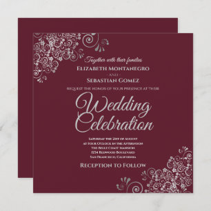 Silver Frills Burguny Elegant Square Chic Wedding Invitation