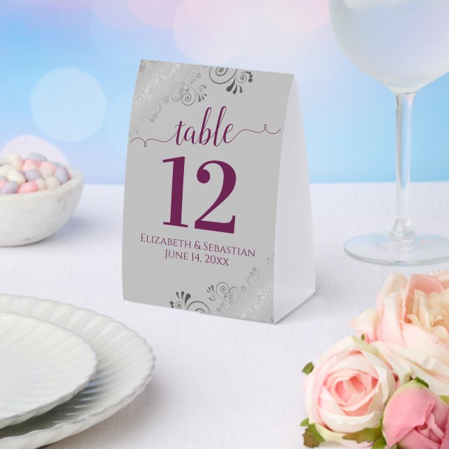 Silver Frills Cassis & Gray Wedding Table Number Paper Table Tent (Insitu(Wedding))