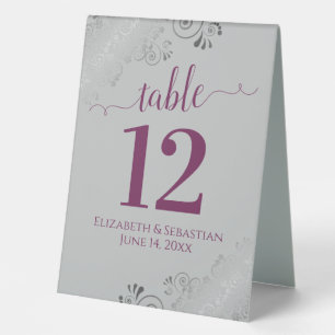 Silver Frills Cassis & Gray Wedding Table Number Table Tent