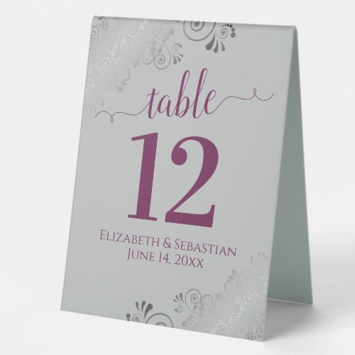 Silver Frills Cassis  Gray Wedding Table Number Table Tent Sign