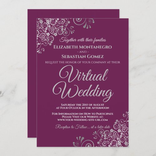 Silver Frills Cassis Magenta Chic Virtual Wedding Invitation