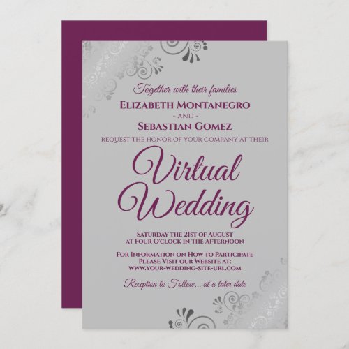 Silver Frills Cassis Purple  Gray Virtual Wedding Invitation