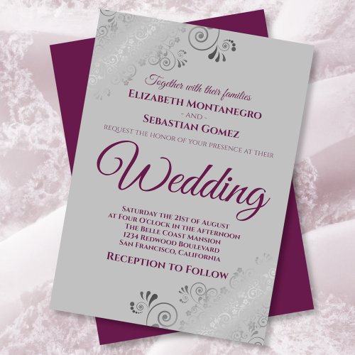 Silver Frills Cassis Purple on Gray Wedding Invitation