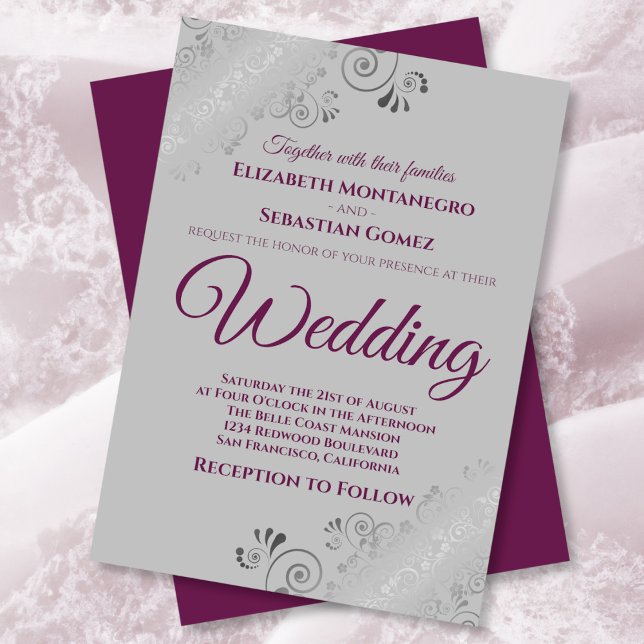 Silver Frills Cassis Purple on Gray Wedding Invitation (Creator Uploaded)