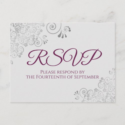 Silver Frills Cassis Purple on Gray Wedding RSVP Postcard