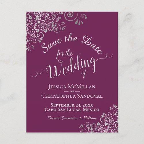 Silver Frills Cassis Purple Wedding Save the Date Announcement Postcard