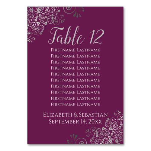 Silver Frills Cassis Purple Wedding Seating Chart Table Number