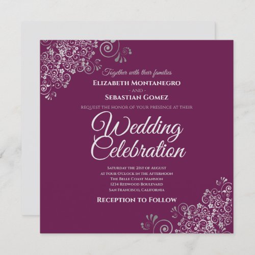 Silver Frills Cassis Simple Elegant Square Wedding Invitation