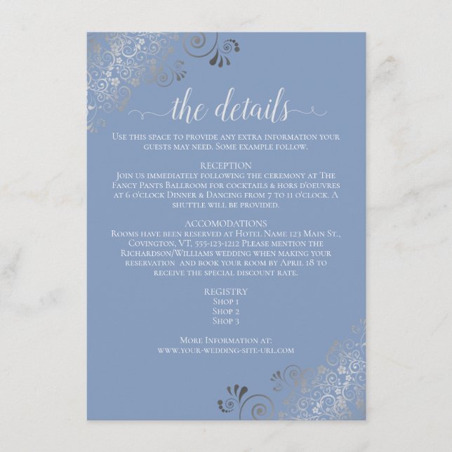 Silver Frills Chic Blue & Gray Wedding Details Enclosure Card (Front)