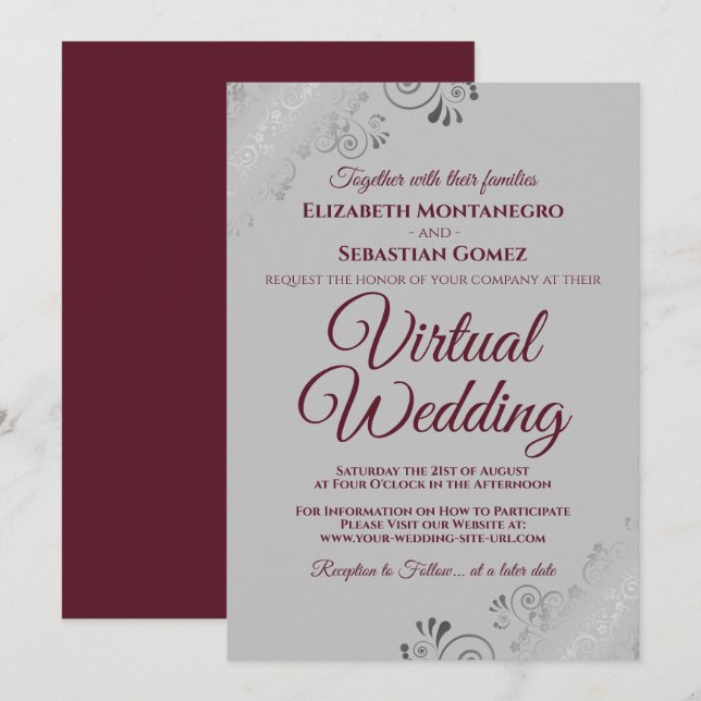 Silver Frills Chic Burgundy & Gray Virtual Wedding Invitation (Front/Back)