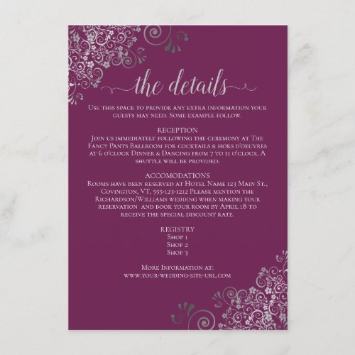 Silver Frills Chic Cassis Purple Wedding Details Enclosure Card