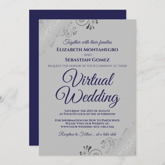 Silver Frills Chic Navy Blue Gray Virtual Wedding Invitation (Front/Back)