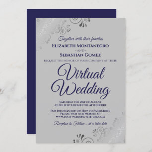 Silver Frills Chic Navy Blue Gray Virtual Wedding Invitation