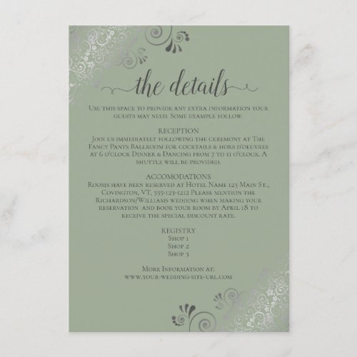 Silver Frills Chic Sage Green Wedding Details Enclosure Card