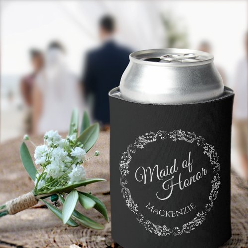 Silver Frills Classic Black Maid of Honor Wedding Can Cooler
