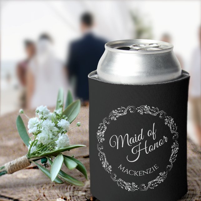 Silver Frills Classic Black Maid of Honor Wedding Can Cooler (Creator Uploaded)