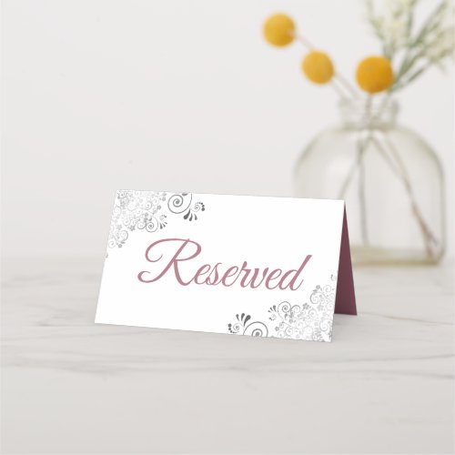 Silver Frills Custy Rose on White Wedding Reserved Place Card