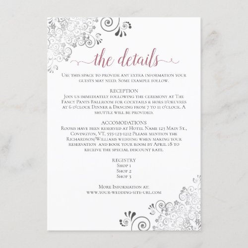 Silver Frills Dusty Rose on White Wedding Details Enclosure Card