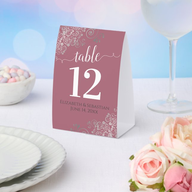 Silver Frills Dusty Rose Pink Wedding Table Number Paper Table Tent (Insitu(Wedding))