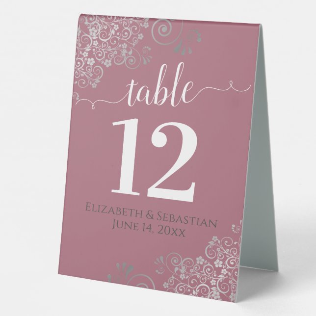 Silver Frills Dusty Rose Pink Wedding Table Number Table Tent (Back)