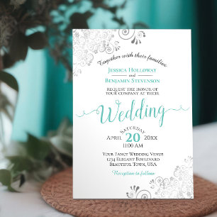 Silver Frills Elegant Aqua Cyan on White Wedding Invitation