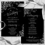 Silver Frills Elegant Black Budget Wedding Program<br><div class="desc">These wedding programs are elegant and tasteful, while still being budget friendly. The design features ornate silver gray faux foil curls and swirls with pale gray text on a black background. The typography features lacy script calligraphy, and there is room for details on the ceremony, the bridal party, and a...</div>