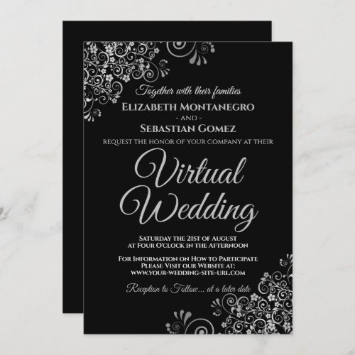 Silver Frills Elegant Black Virtual Wedding Invitation