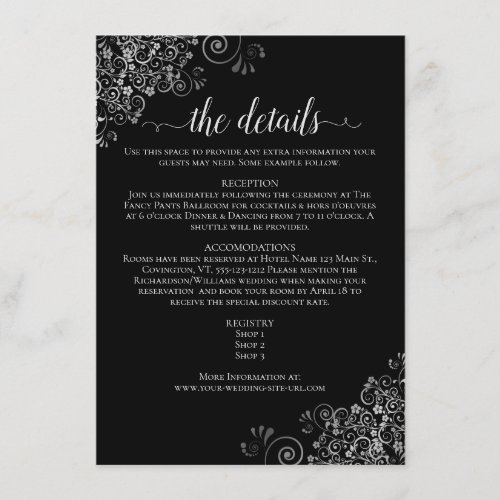 Silver Frills Elegant Black Wedding Details Enclosure Card
