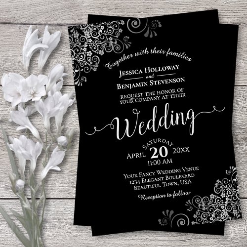 Silver Frills Elegant Black Wedding Invitation