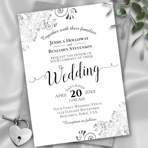Silver Frills Elegant Black  White Wedding Invitation