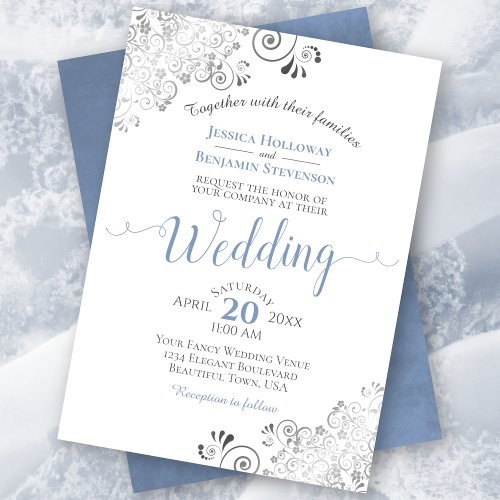 Silver Frills Elegant Blue  Gray on White Wedding Invitation