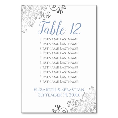 Silver Frills Elegant Blue Wedding Seating Chart Table Number