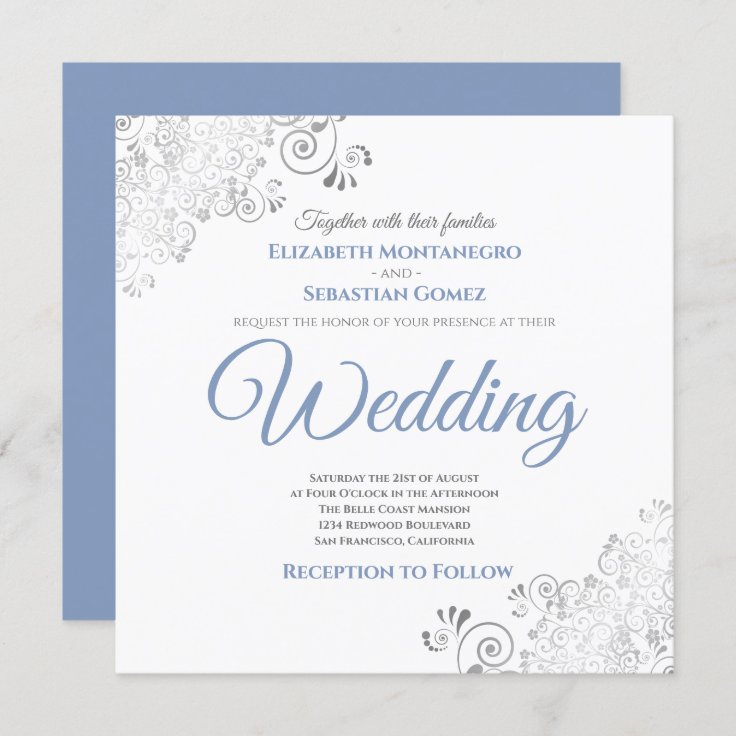 Silver Frills Elegant Blue & White Square Wedding Invitation | Zazzle