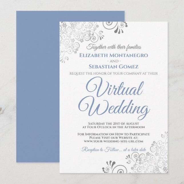 Silver Frills Elegant Blue & White Virtual Wedding Invitation (Front/Back)