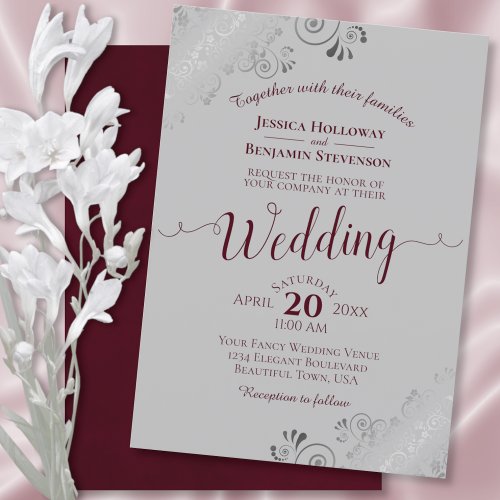 Silver Frills Elegant Burgundy  Gray Wedding Invitation