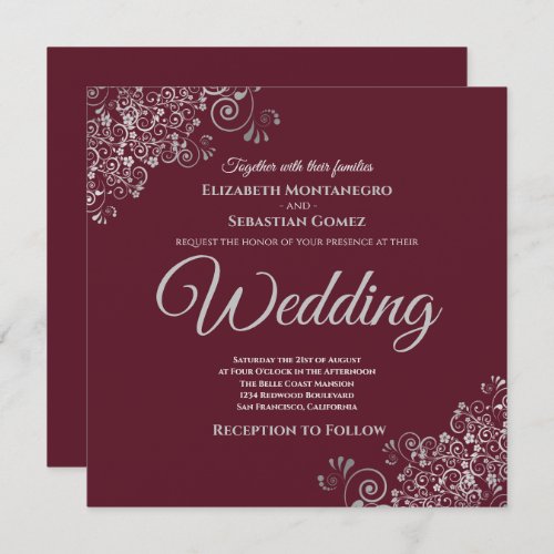 Silver Frills Elegant Burgundy Square Wedding Invitation