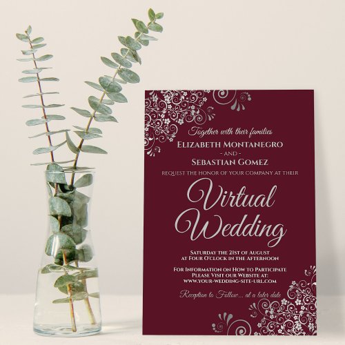 Silver Frills Elegant Burgundy Virtual Wedding Invitation