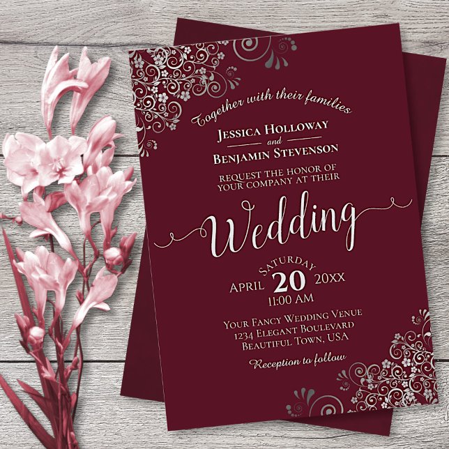 Silver Frills Elegant Burgundy Wedding Invitation (Front/Back)