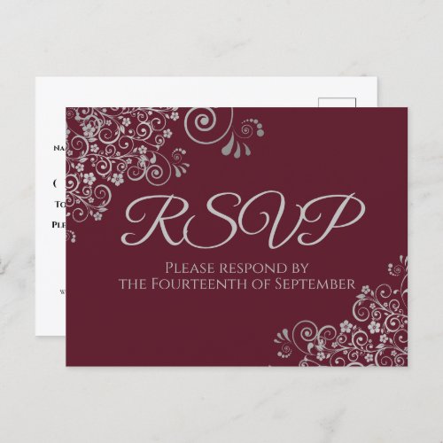 Silver Frills Elegant Burgundy Wedding RSVP Postcard