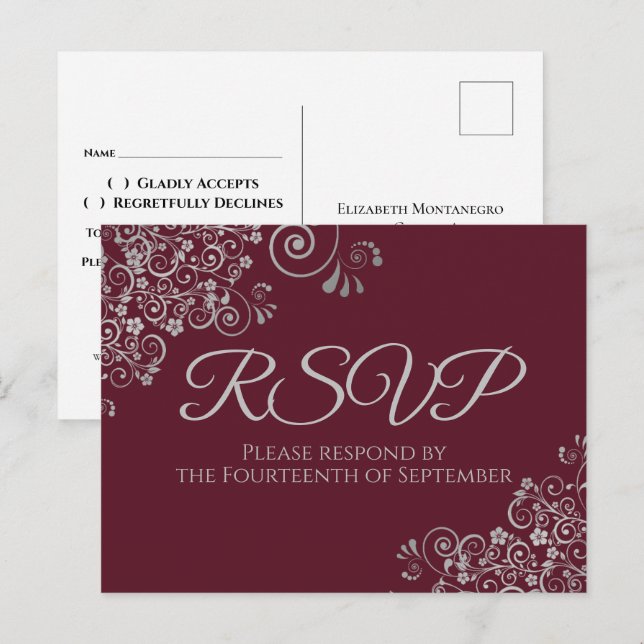 Silver Frills Elegant Burgundy Wedding RSVP Postcard (Front/Back)