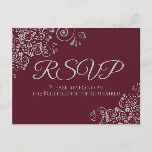 Silver Frills Elegant Burgundy Wedding RSVP Postcard