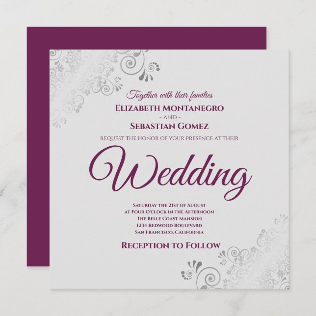 Silver Frills Elegant Cassis & Gray Square Wedding Invitation (Front/Back)