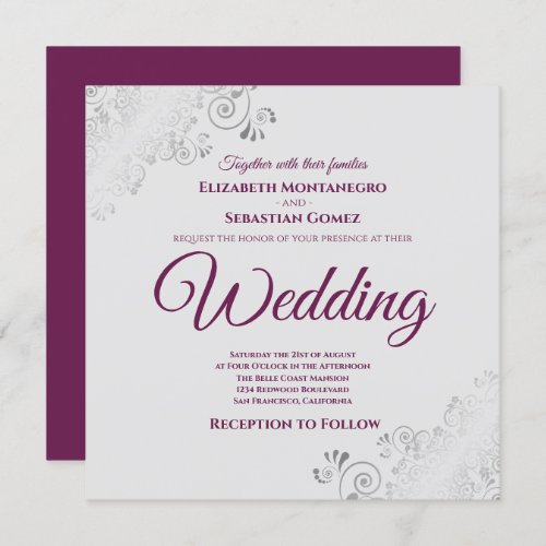 Silver Frills Elegant Cassis  Gray Square Wedding Invitation
