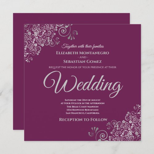 Silver Frills Elegant Cassis Purple Square Wedding Invitation