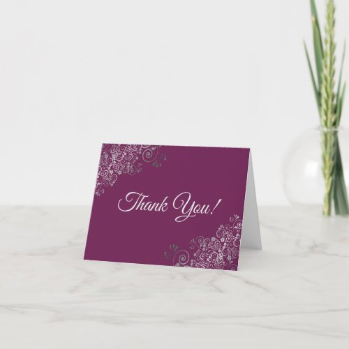 Silver Frills Elegant Cassis Purple Wedding Photo Thank You Card