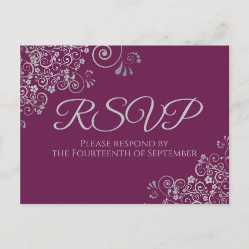 Silver Frills Elegant Cassis Purple Wedding RSVP Postcard