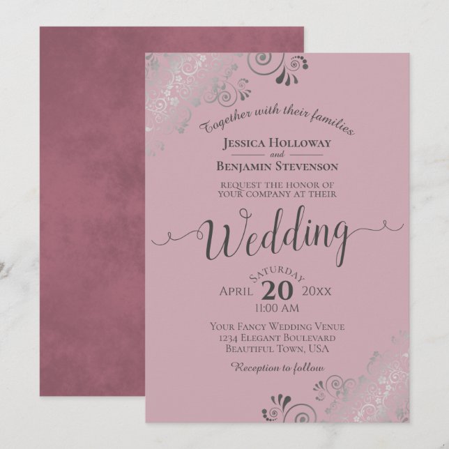 Silver Frills Elegant Dusty Rose Mauve Wedding Invitation (Front/Back)