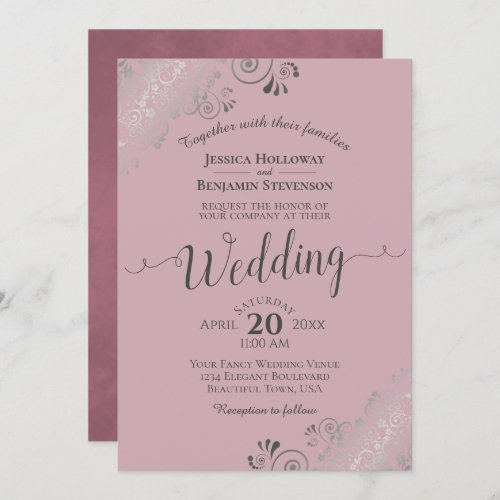 Silver Frills Elegant Dusty Rose Mauve Wedding Invitation